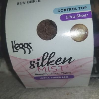 L'EGGS PAIR SILKEN MIST CONTROL TOP TIGHTS-ULTRA SHEER LEG/TOE-Q-SUN BEIGE-NEW